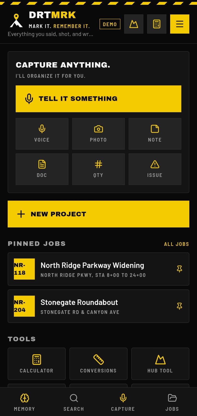 DRTMRK home screen with capture options, pinned jobs and field tools